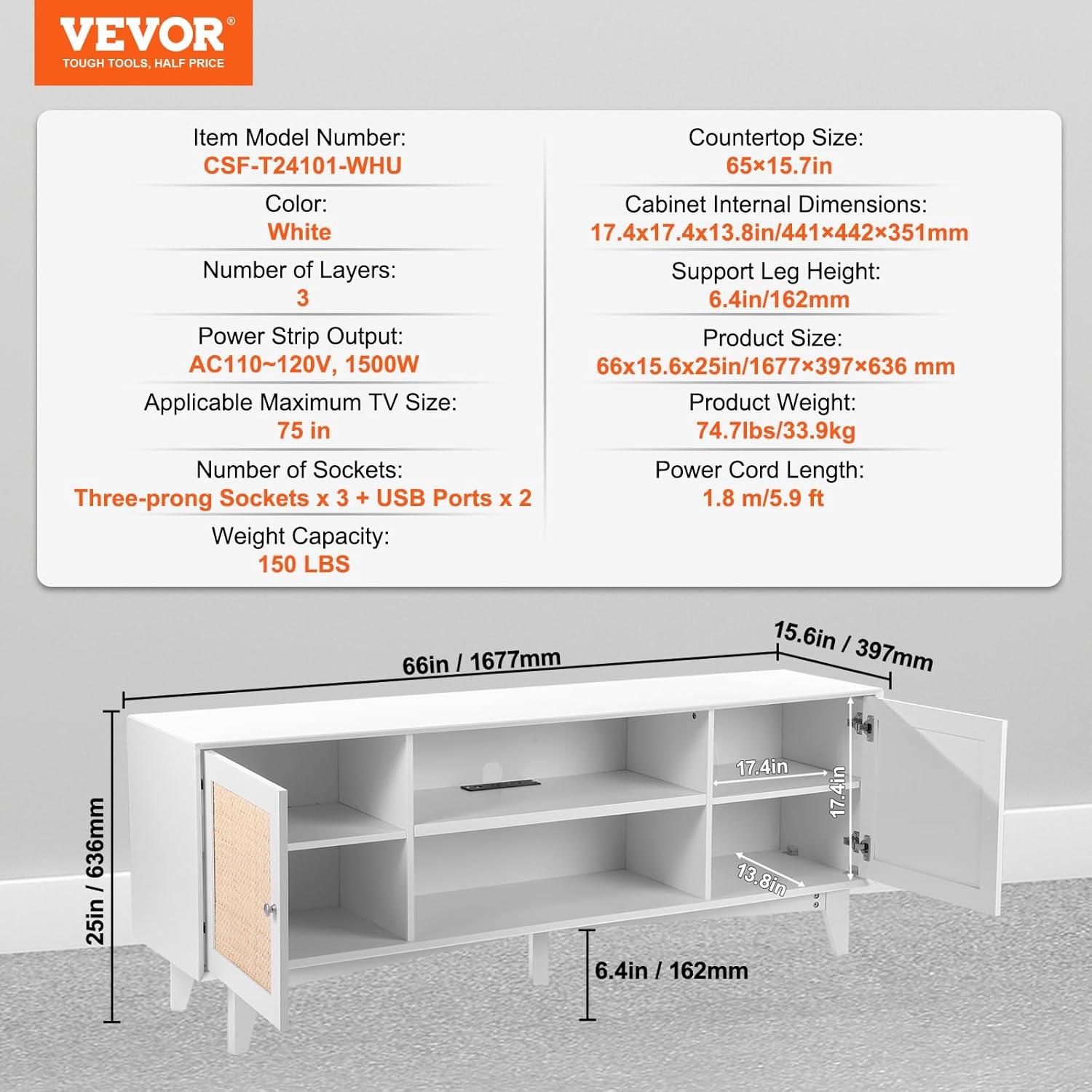 image:imageVEVOR Rattan TV Stand Mid Century Modern TV Stand for 75 inch TV Boho Rattan TV Cabinet with Buildin Socket and USB Ports Adjustable Shelfs for Living Room Media Room OakWhite