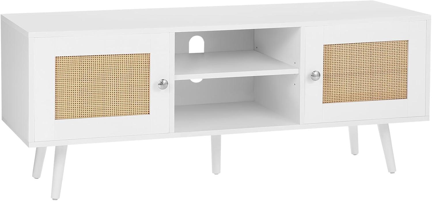 image:imageVEVOR Rattan TV Stand Mid Century Modern TV Stand for 75 inch TV Boho Rattan TV Cabinet with Buildin Socket and USB Ports Adjustable Shelfs for Living Room Media Room OakWhite