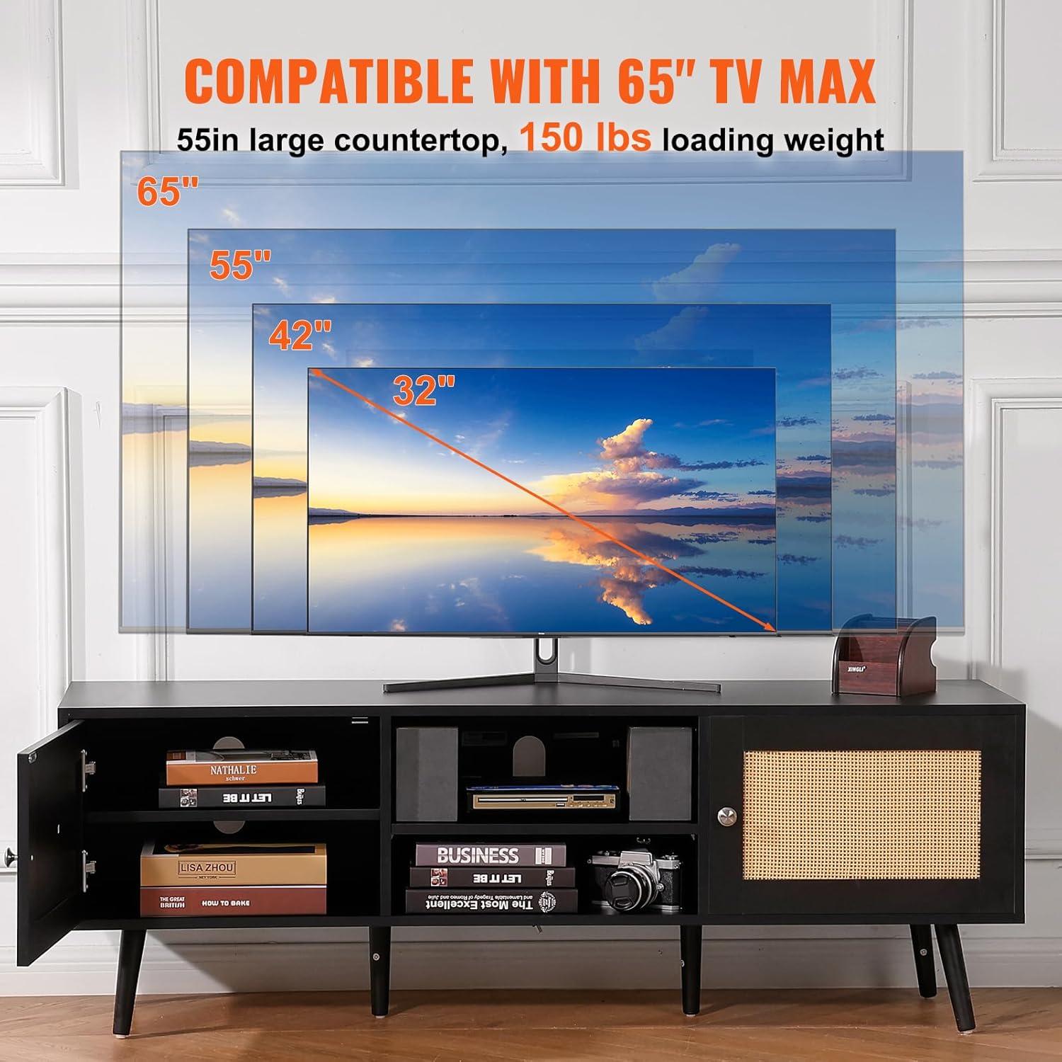 image:imageVEVOR Rattan TV Stand Mid Century Modern TV Stand for 75 inch TV Boho Rattan TV Cabinet with Buildin Socket and USB Ports Adjustable Shelfs for Living Room Media Room OakBlack