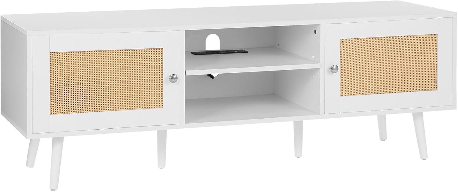 image:imageVEVOR Rattan TV Stand Mid Century Modern TV Stand for 75 inch TV Boho Rattan TV Cabinet with Buildin Socket and USB Ports Adjustable Shelfs for Living Room Media Room OakWhite