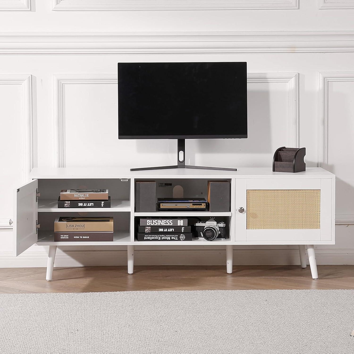 image:imageVEVOR Rattan TV Stand Mid Century Modern TV Stand for 75 inch TV Boho Rattan TV Cabinet with Buildin Socket and USB Ports Adjustable Shelfs for Living Room Media Room OakWhite