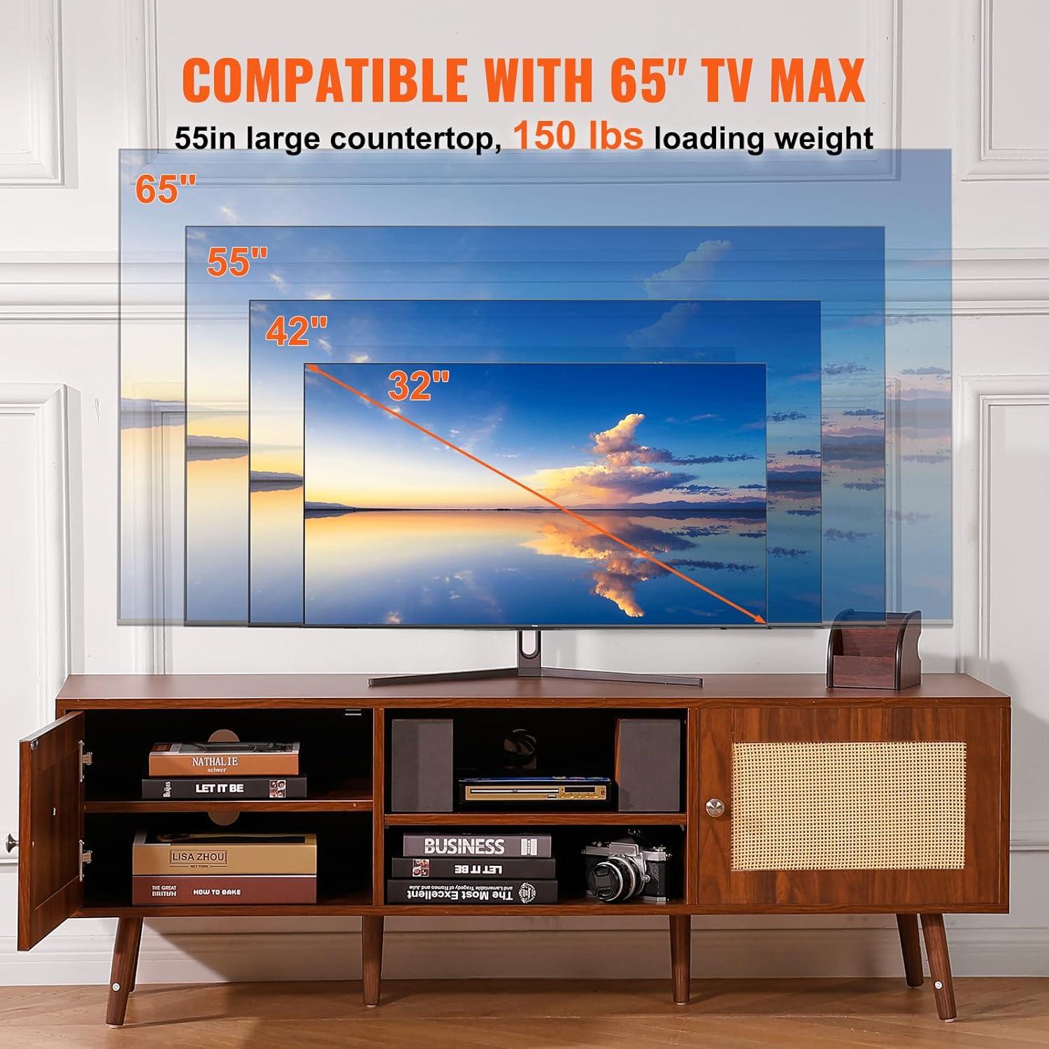 image:imageVEVOR Rattan TV Stand Mid Century Modern TV Stand for 75 inch TV Boho Rattan TV Cabinet with Buildin Socket and USB Ports Adjustable Shelfs for Living Room Media Room OakWalnut
