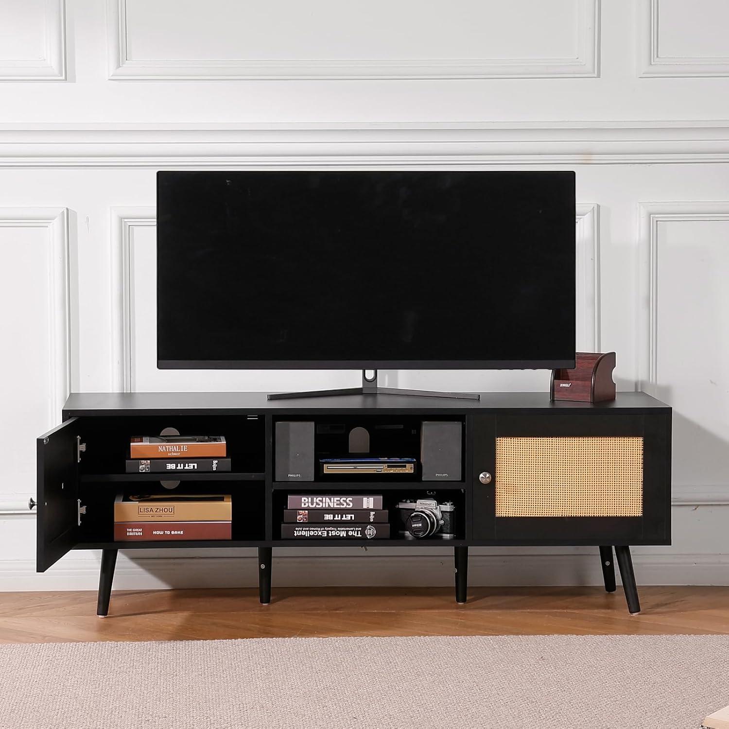 image:imageVEVOR Rattan TV Stand Mid Century Modern TV Stand for 75 inch TV Boho Rattan TV Cabinet with Buildin Socket and USB Ports Adjustable Shelfs for Living Room Media Room OakBlack