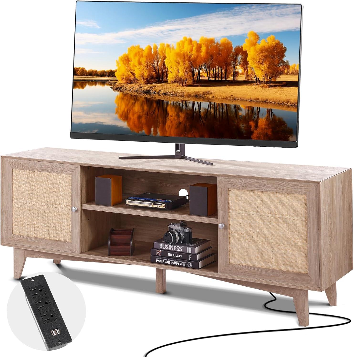 image:imageVEVOR Rattan TV Stand Mid Century Modern TV Stand for 75 inch TV Boho Rattan TV Cabinet with Buildin Socket and USB Ports Adjustable Shelfs for Living Room Media Room OakOak