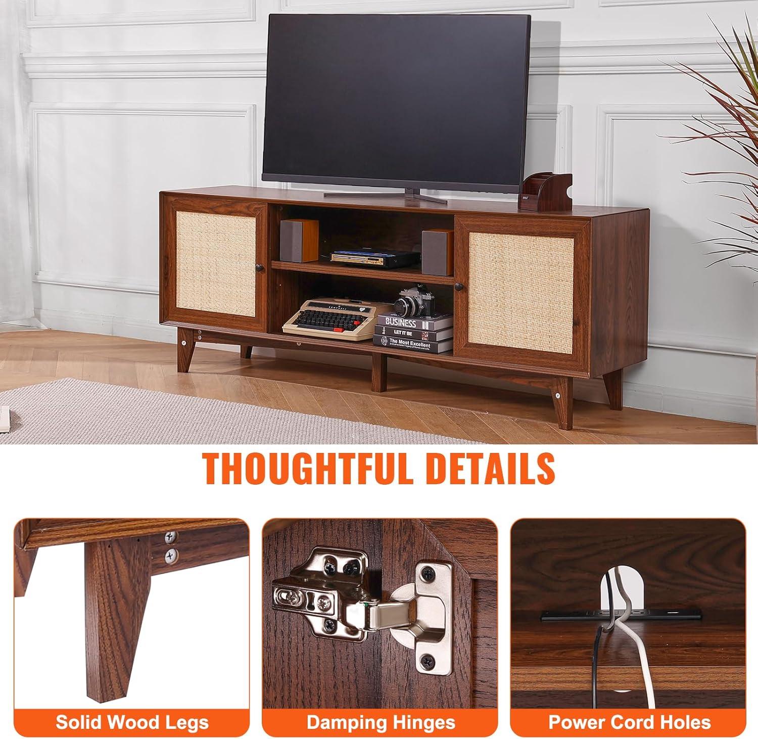 image:imageVEVOR Rattan TV Stand Mid Century Modern TV Stand for 75 inch TV Boho Rattan TV Cabinet with Buildin Socket and USB Ports Adjustable Shelfs for Living Room Media Room OakWalnut