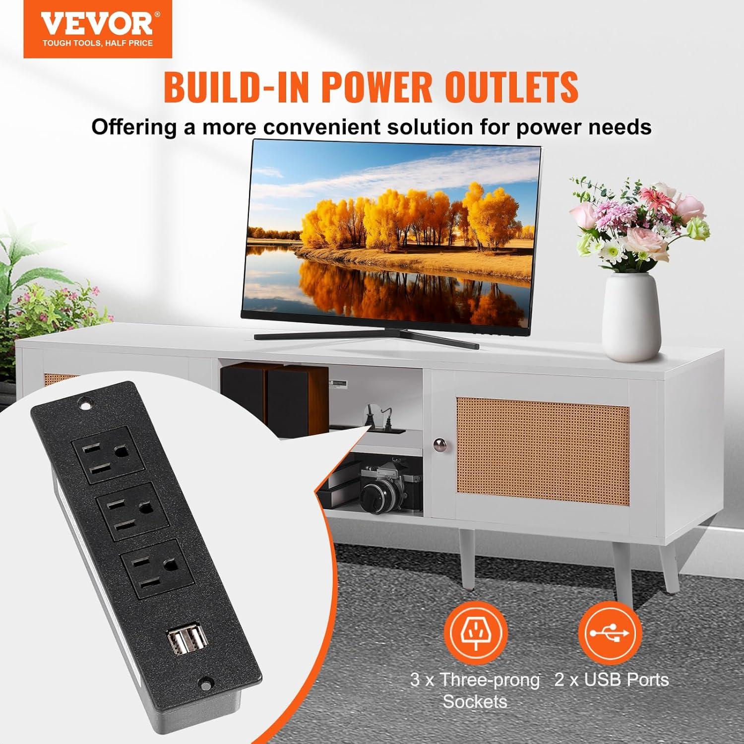 image:imageVEVOR Rattan TV Stand Mid Century Modern TV Stand for 75 inch TV Boho Rattan TV Cabinet with Buildin Socket and USB Ports Adjustable Shelfs for Living Room Media Room OakWhite