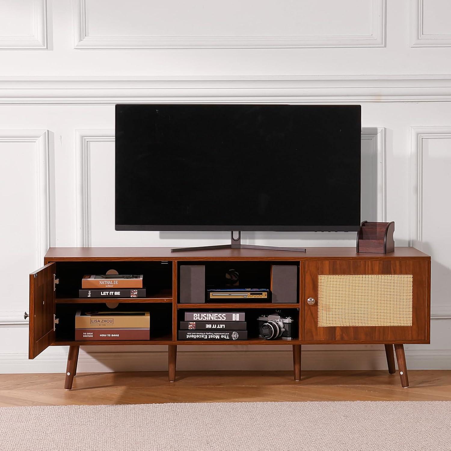 image:imageVEVOR Rattan TV Stand Mid Century Modern TV Stand for 75 inch TV Boho Rattan TV Cabinet with Buildin Socket and USB Ports Adjustable Shelfs for Living Room Media Room OakWalnut