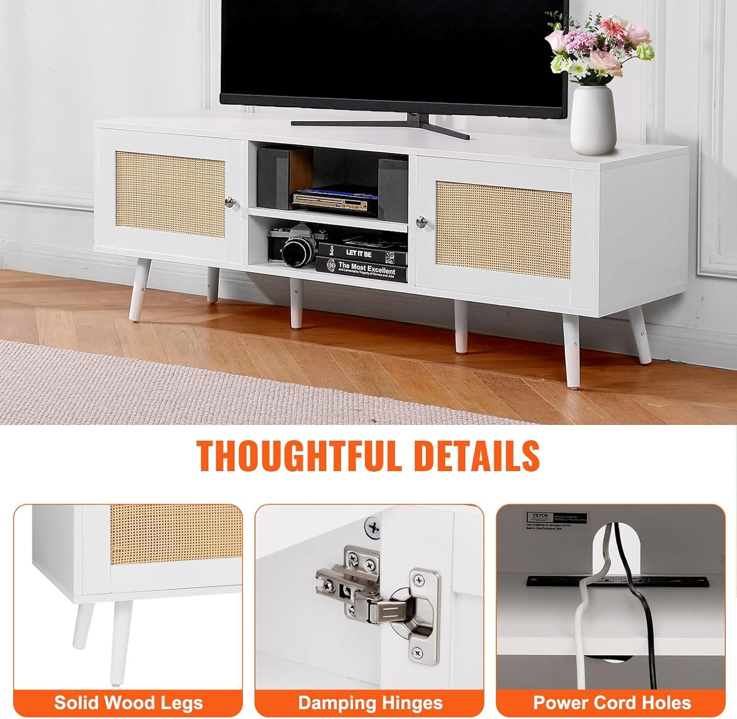 image:imageVEVOR Rattan TV Stand Mid Century Modern TV Stand for 75 inch TV Boho Rattan TV Cabinet with Buildin Socket and USB Ports Adjustable Shelfs for Living Room Media Room OakWhite