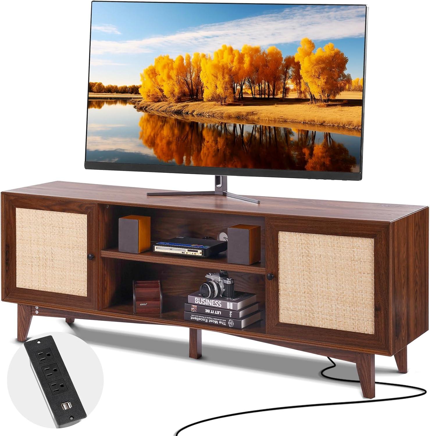 image:imageVEVOR Rattan TV Stand Mid Century Modern TV Stand for 75 inch TV Boho Rattan TV Cabinet with Buildin Socket and USB Ports Adjustable Shelfs for Living Room Media Room OakWalnut