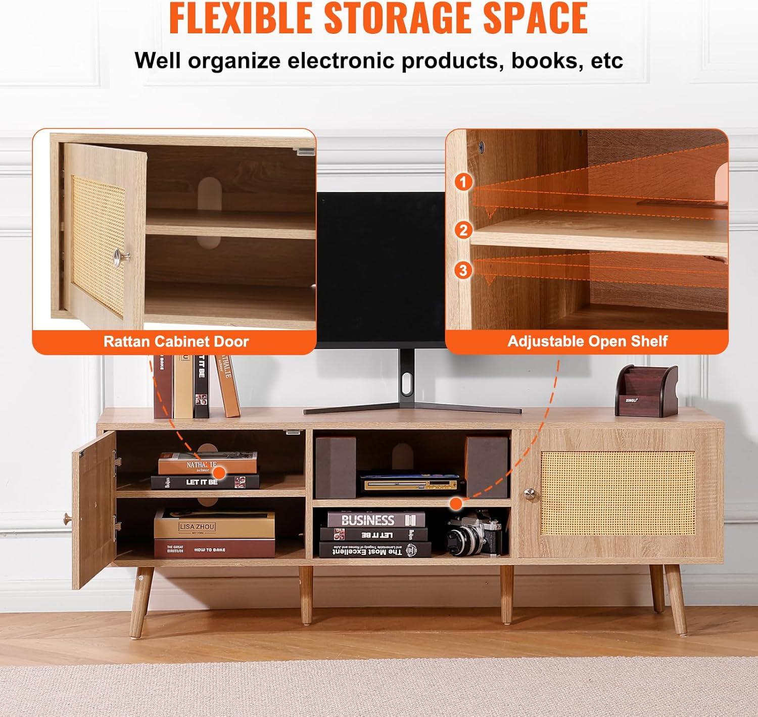 image:imageVEVOR Rattan TV Stand Mid Century Modern TV Stand for 75 inch TV Boho Rattan TV Cabinet with Buildin Socket and USB Ports Adjustable Shelfs for Living Room Media Room OakOak