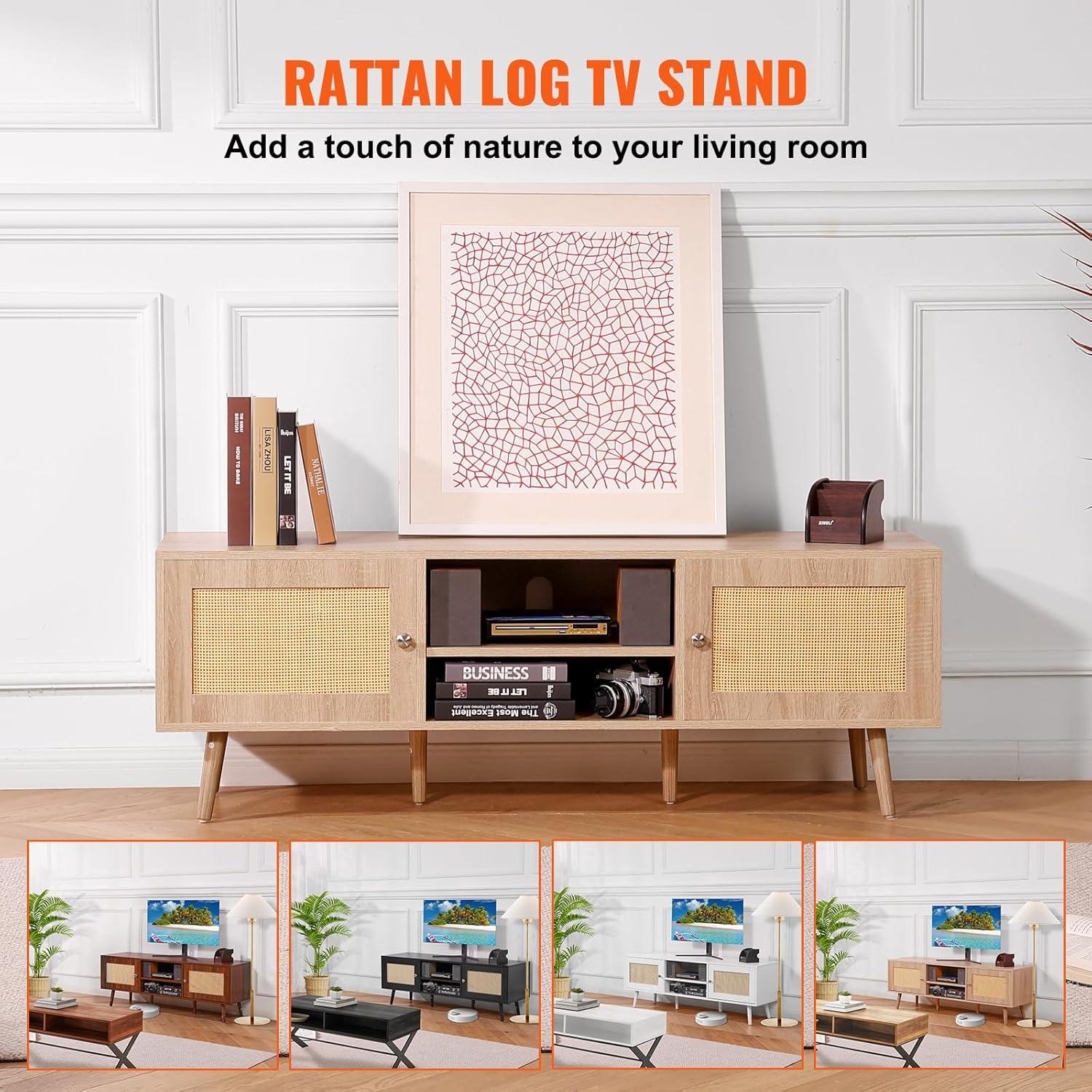 image:imageVEVOR Rattan TV Stand Mid Century Modern TV Stand for 75 inch TV Boho Rattan TV Cabinet with Buildin Socket and USB Ports Adjustable Shelfs for Living Room Media Room OakOak