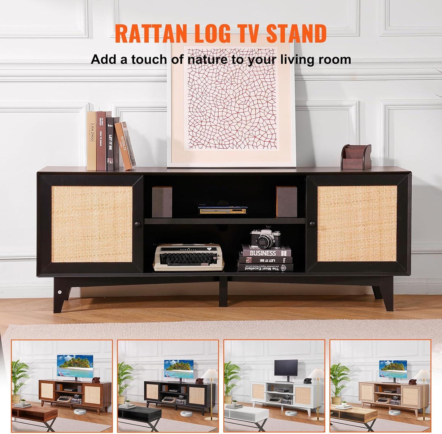 image:imageVEVOR Rattan TV Stand Mid Century Modern TV Stand for 75 inch TV Boho Rattan TV Cabinet with Buildin Socket and USB Ports Adjustable Shelfs for Living Room Media Room OakBlack
