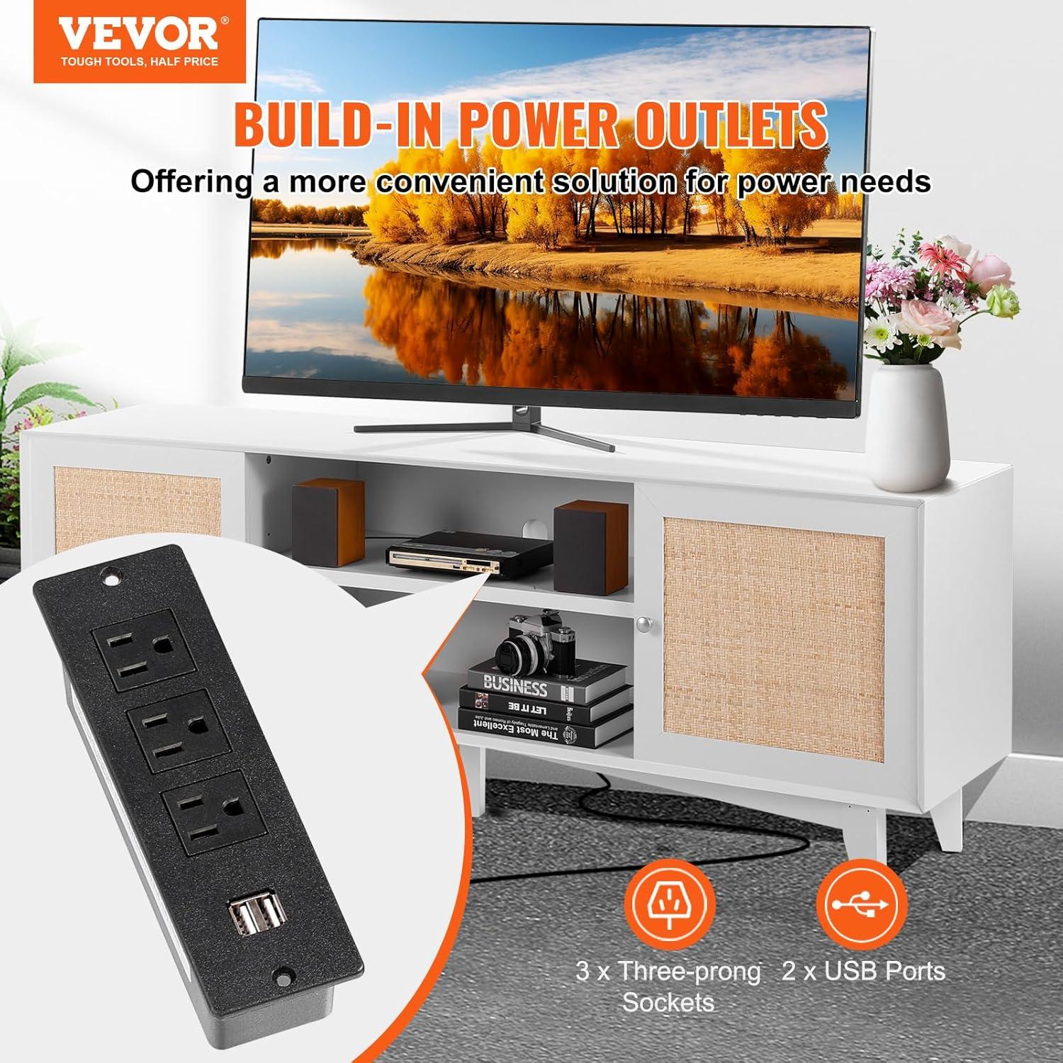 image:imageVEVOR Rattan TV Stand Mid Century Modern TV Stand for 75 inch TV Boho Rattan TV Cabinet with Buildin Socket and USB Ports Adjustable Shelfs for Living Room Media Room OakWhite