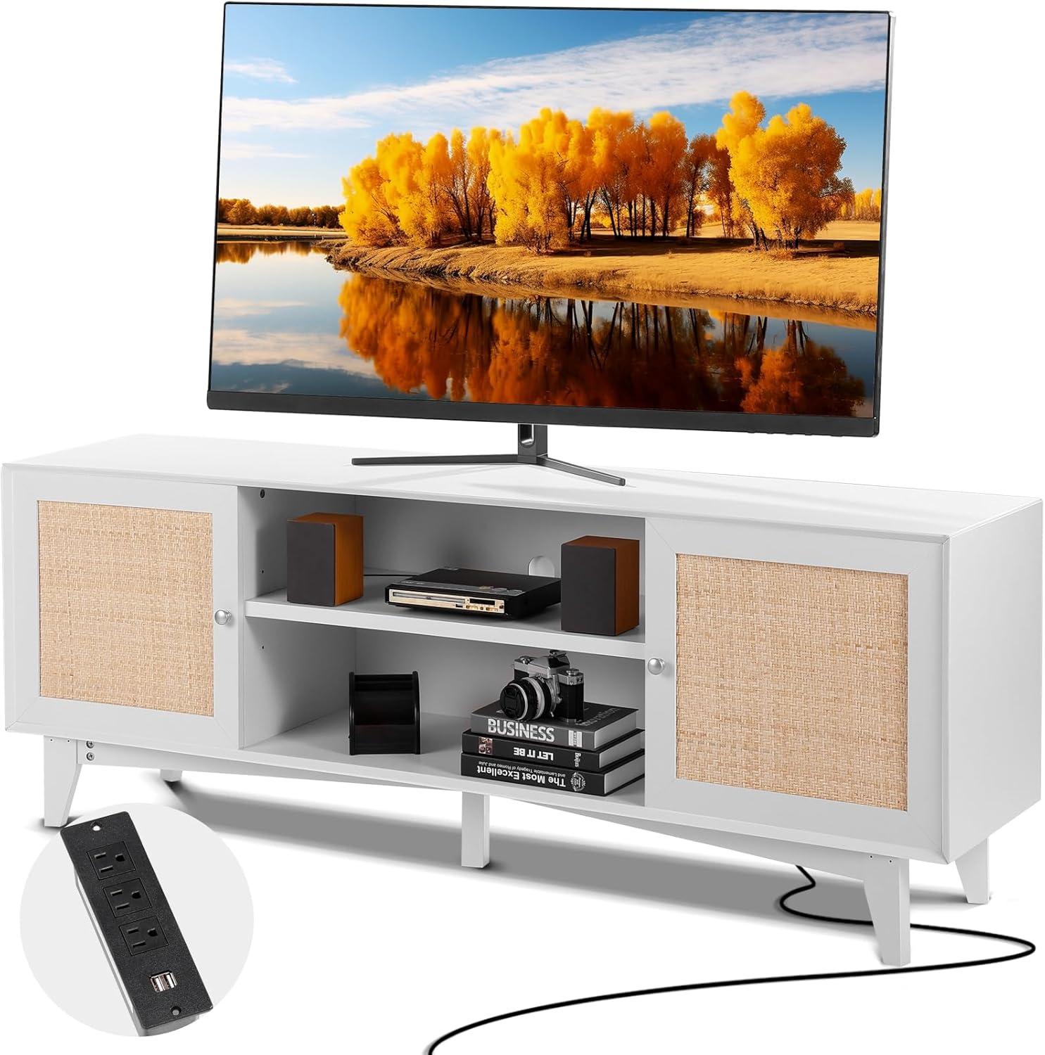 image:imageVEVOR Rattan TV Stand Mid Century Modern TV Stand for 75 inch TV Boho Rattan TV Cabinet with Buildin Socket and USB Ports Adjustable Shelfs for Living Room Media Room OakWhite