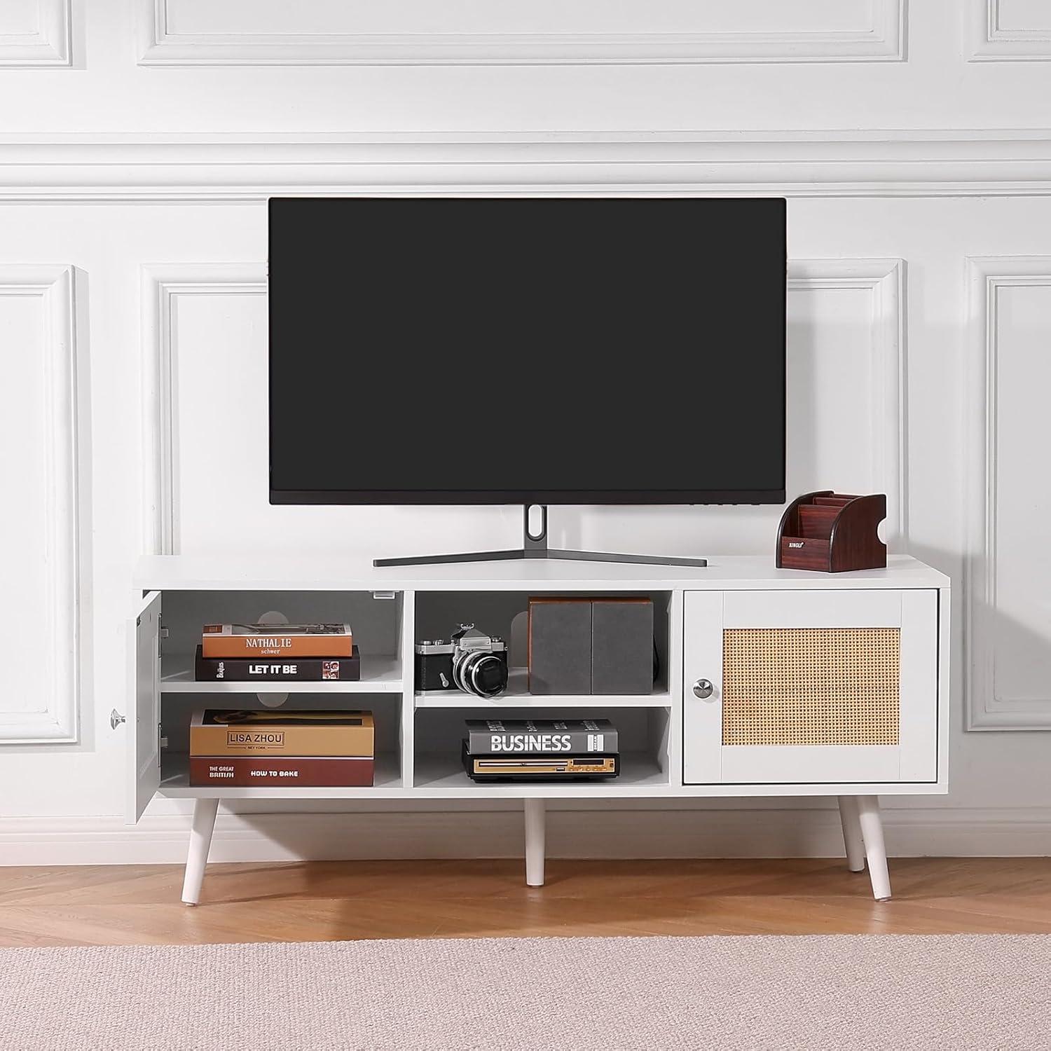 image:imageVEVOR Rattan TV Stand Mid Century Modern TV Stand for 75 inch TV Boho Rattan TV Cabinet with Buildin Socket and USB Ports Adjustable Shelfs for Living Room Media Room OakWhite