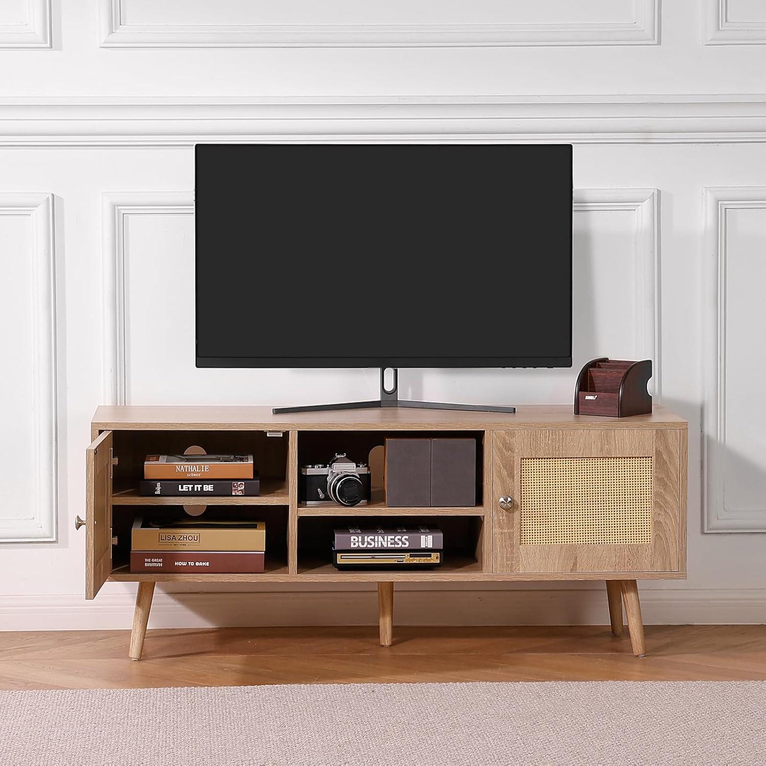 image:imageVEVOR Rattan TV Stand Mid Century Modern TV Stand for 75 inch TV Boho Rattan TV Cabinet with Buildin Socket and USB Ports Adjustable Shelfs for Living Room Media Room OakOak