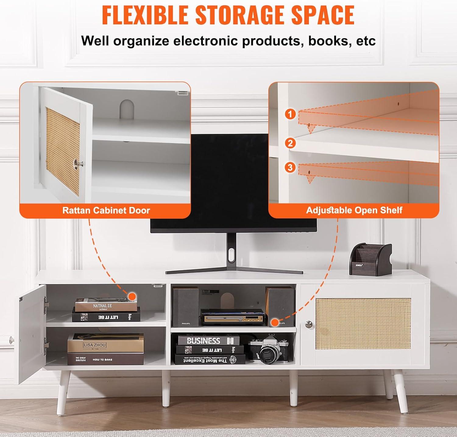 image:imageVEVOR Rattan TV Stand Mid Century Modern TV Stand for 75 inch TV Boho Rattan TV Cabinet with Buildin Socket and USB Ports Adjustable Shelfs for Living Room Media Room OakWhite