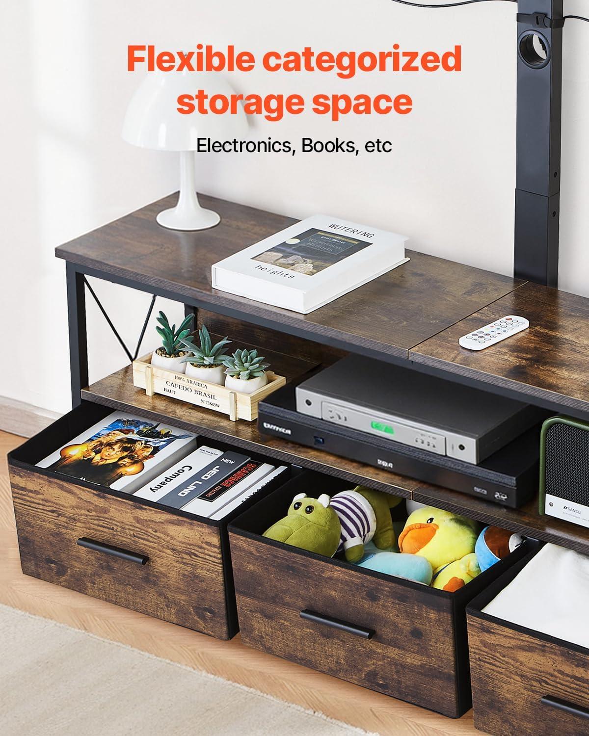 image:imageVEVOR Rattan TV Stand Mid Century Modern TV Stand for 75 inch TV Boho Rattan TV Cabinet with Buildin Socket and USB Ports Adjustable Shelfs for Living Room Media Room OakBrown