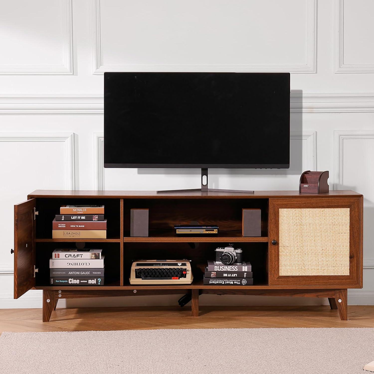image:imageVEVOR Rattan TV Stand Mid Century Modern TV Stand for 75 inch TV Boho Rattan TV Cabinet with Buildin Socket and USB Ports Adjustable Shelfs for Living Room Media Room OakWalnut