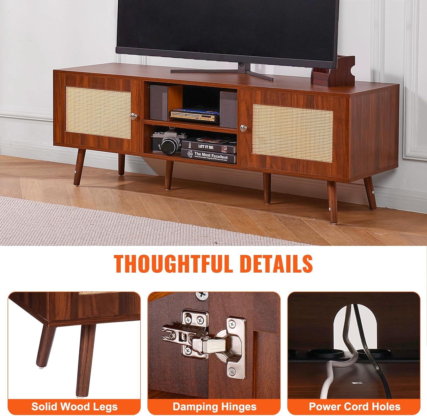 image:imageVEVOR Rattan TV Stand Mid Century Modern TV Stand for 75 inch TV Boho Rattan TV Cabinet with Buildin Socket and USB Ports Adjustable Shelfs for Living Room Media Room OakWalnut