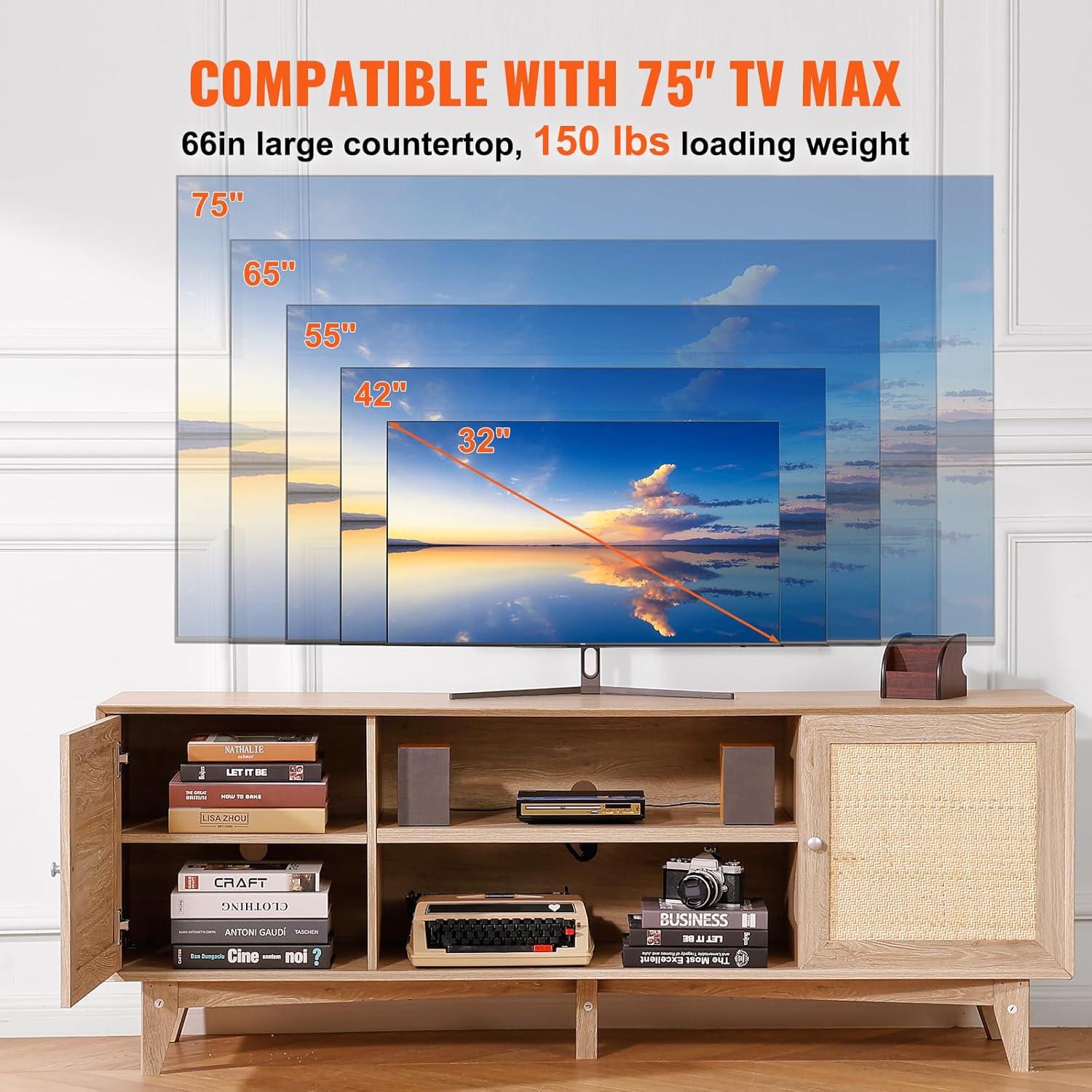 image:imageVEVOR Rattan TV Stand Mid Century Modern TV Stand for 75 inch TV Boho Rattan TV Cabinet with Buildin Socket and USB Ports Adjustable Shelfs for Living Room Media Room OakOak