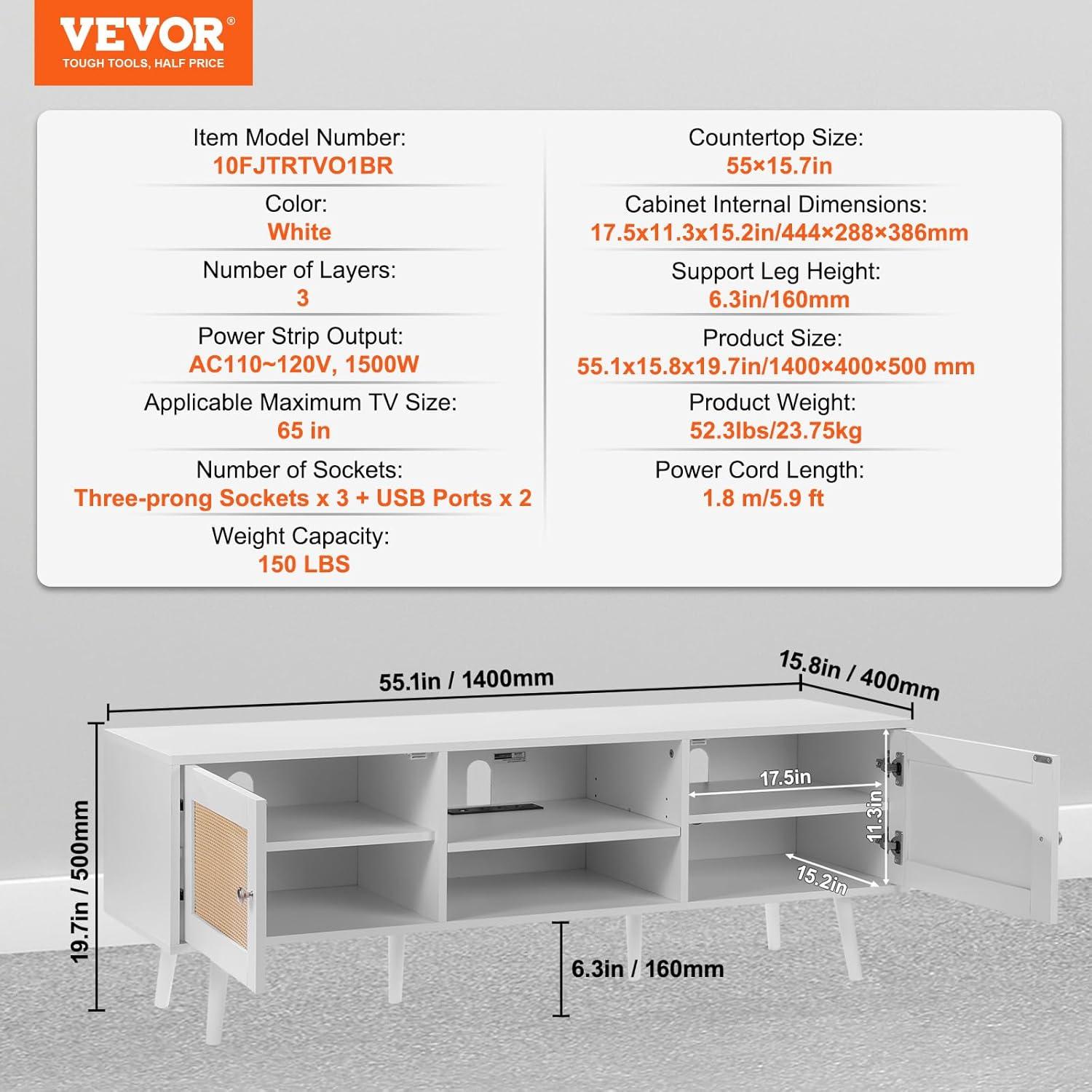 image:imageVEVOR Rattan TV Stand Mid Century Modern TV Stand for 75 inch TV Boho Rattan TV Cabinet with Buildin Socket and USB Ports Adjustable Shelfs for Living Room Media Room OakWhite