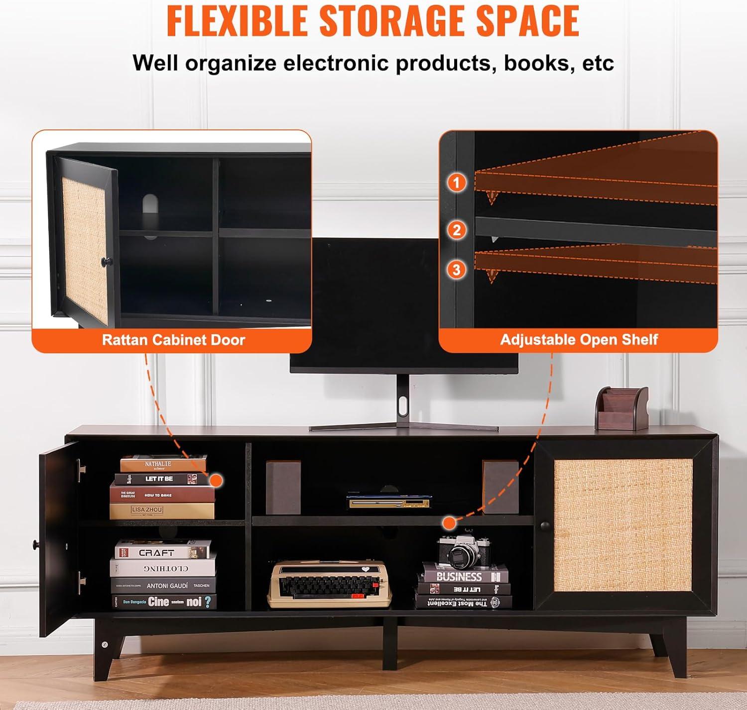image:imageVEVOR Rattan TV Stand Mid Century Modern TV Stand for 75 inch TV Boho Rattan TV Cabinet with Buildin Socket and USB Ports Adjustable Shelfs for Living Room Media Room OakBlack
