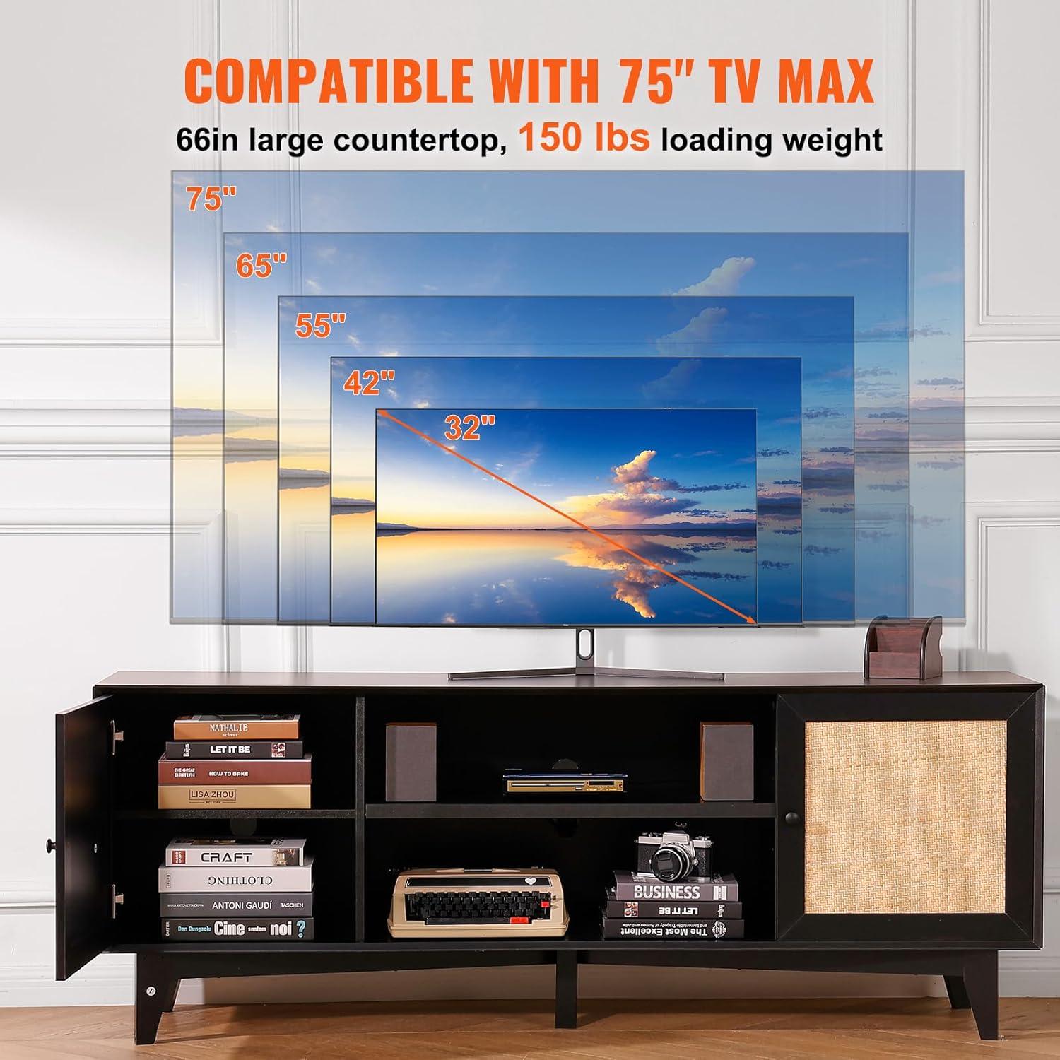 image:imageVEVOR Rattan TV Stand Mid Century Modern TV Stand for 75 inch TV Boho Rattan TV Cabinet with Buildin Socket and USB Ports Adjustable Shelfs for Living Room Media Room OakBlack