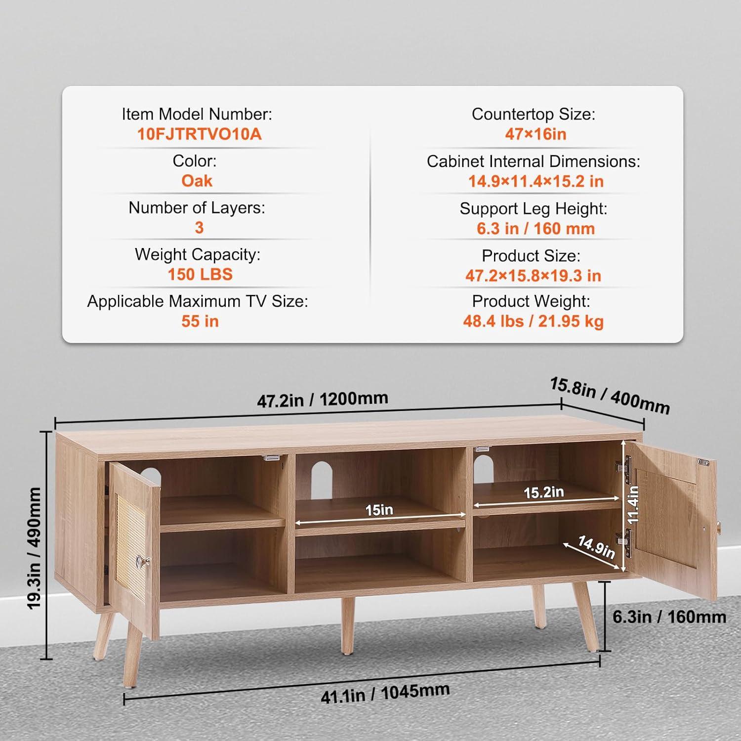 image:imageVEVOR Rattan TV Stand Mid Century Modern TV Stand for 75 inch TV Boho Rattan TV Cabinet with Buildin Socket and USB Ports Adjustable Shelfs for Living Room Media Room OakOak