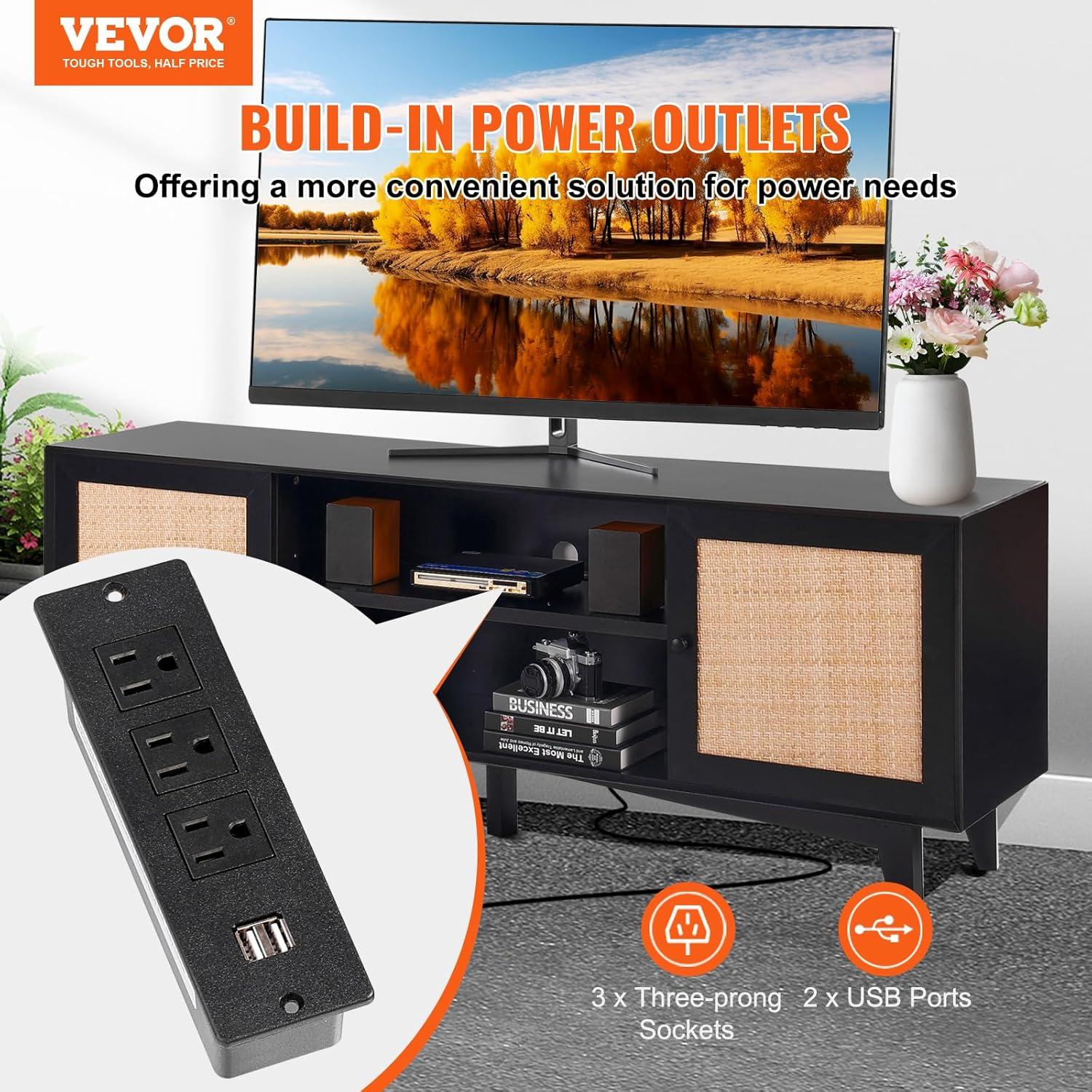 image:imageVEVOR Rattan TV Stand Mid Century Modern TV Stand for 75 inch TV Boho Rattan TV Cabinet with Buildin Socket and USB Ports Adjustable Shelfs for Living Room Media Room OakBlack
