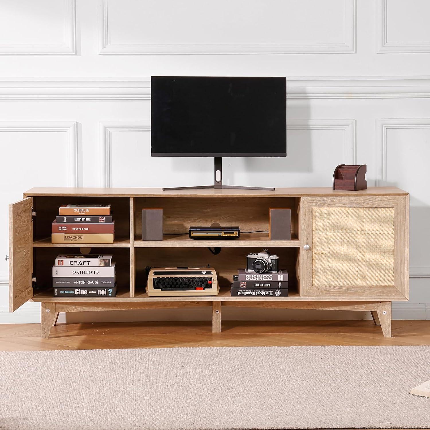 image:imageVEVOR Rattan TV Stand Mid Century Modern TV Stand for 75 inch TV Boho Rattan TV Cabinet with Buildin Socket and USB Ports Adjustable Shelfs for Living Room Media Room OakOak
