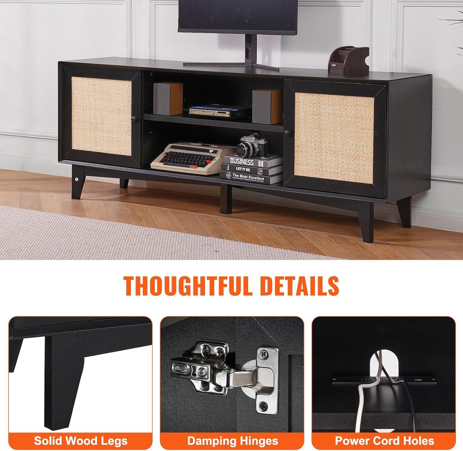 image:imageVEVOR Rattan TV Stand Mid Century Modern TV Stand for 75 inch TV Boho Rattan TV Cabinet with Buildin Socket and USB Ports Adjustable Shelfs for Living Room Media Room OakBlack