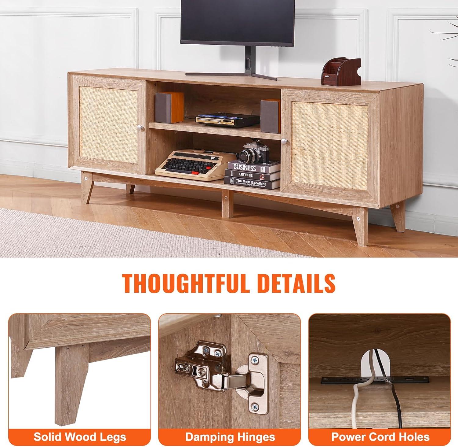 image:imageVEVOR Rattan TV Stand Mid Century Modern TV Stand for 75 inch TV Boho Rattan TV Cabinet with Buildin Socket and USB Ports Adjustable Shelfs for Living Room Media Room OakOak