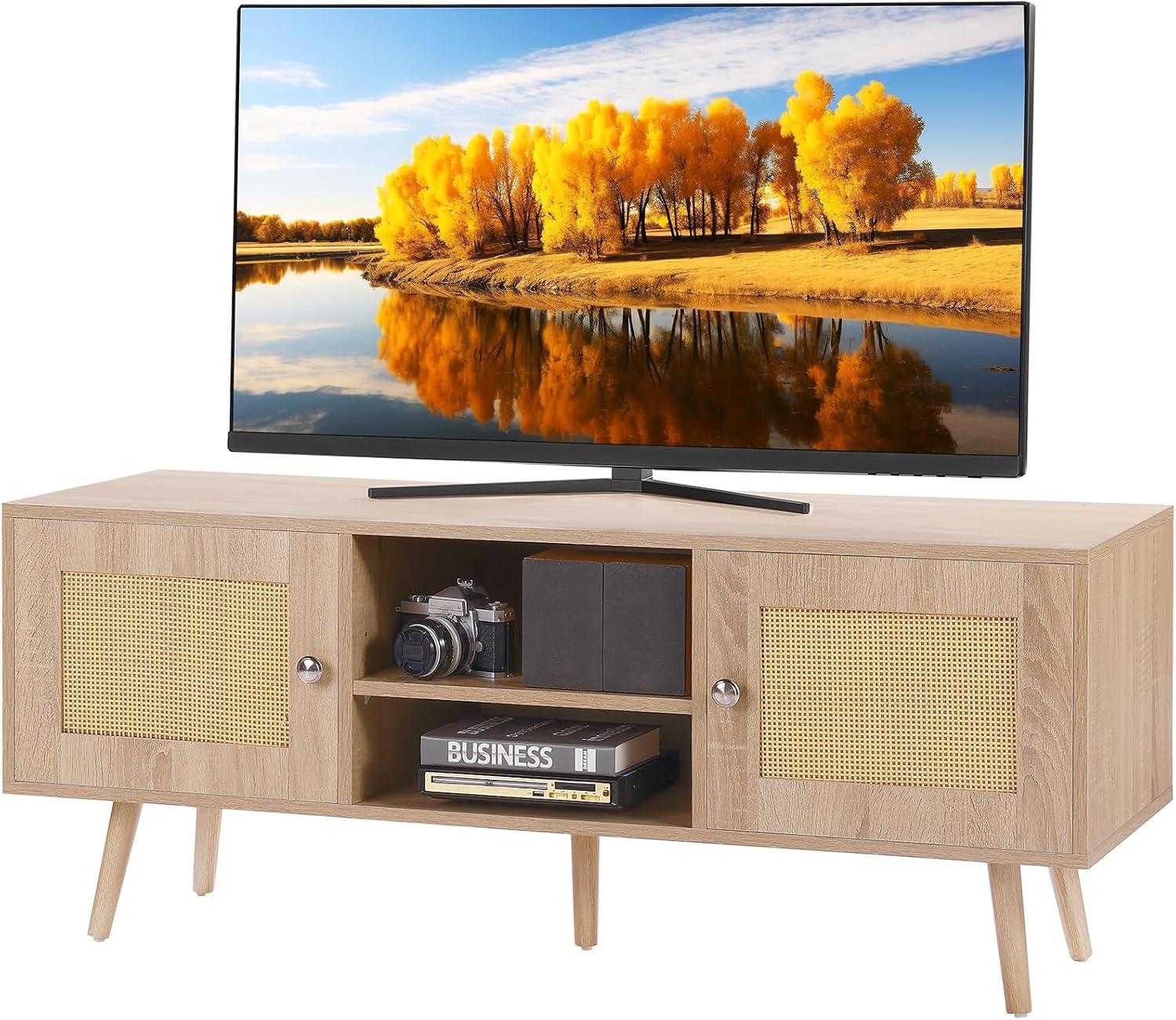 image:imageVEVOR Rattan TV Stand Mid Century Modern TV Stand for 75 inch TV Boho Rattan TV Cabinet with Buildin Socket and USB Ports Adjustable Shelfs for Living Room Media Room OakOak