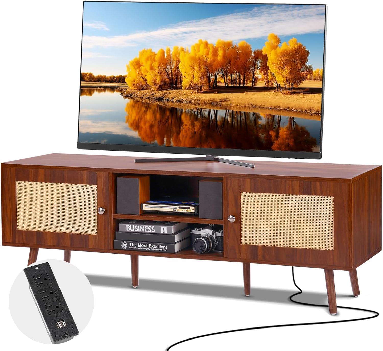 image:imageVEVOR Rattan TV Stand Mid Century Modern TV Stand for 75 inch TV Boho Rattan TV Cabinet with Buildin Socket and USB Ports Adjustable Shelfs for Living Room Media Room OakWalnut