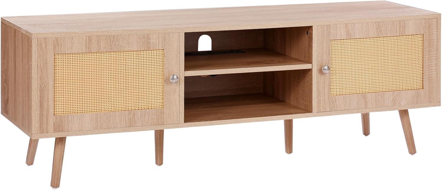 image:imageVEVOR Rattan TV Stand Mid Century Modern TV Stand for 75 inch TV Boho Rattan TV Cabinet with Buildin Socket and USB Ports Adjustable Shelfs for Living Room Media Room OakOak