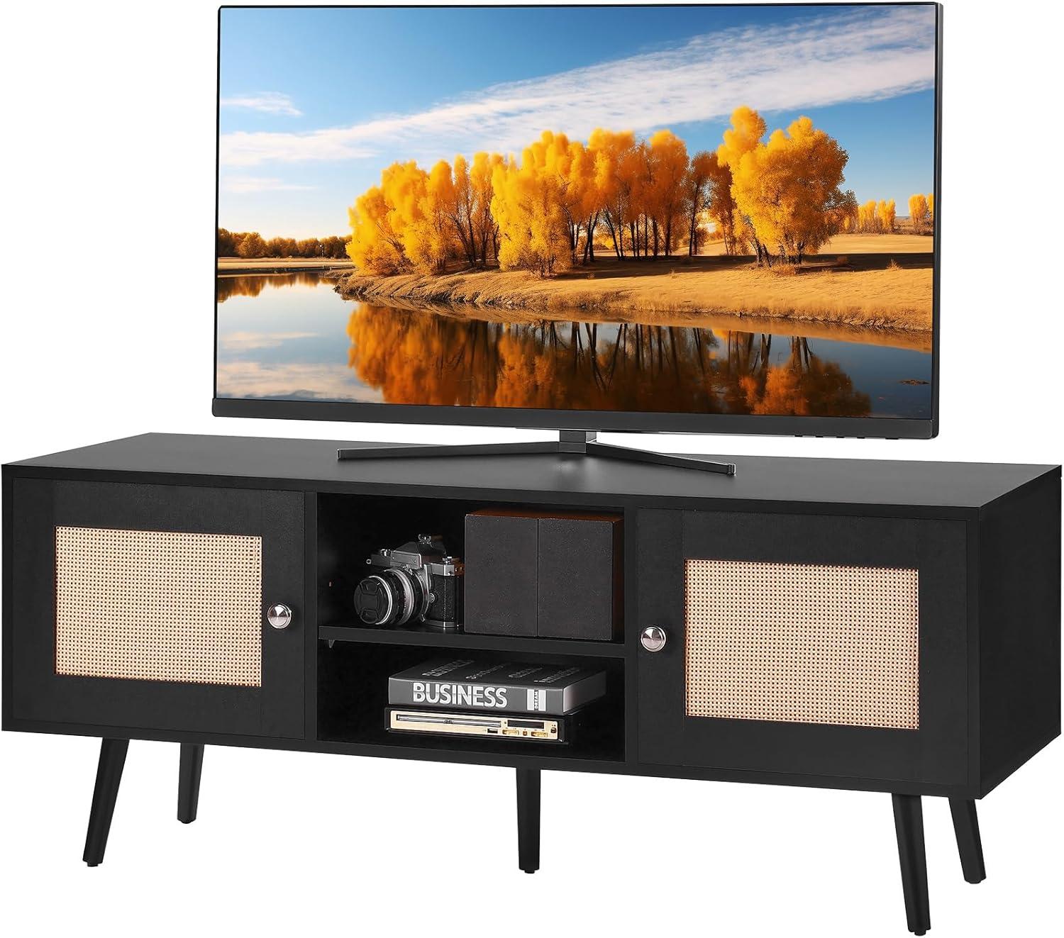 image:imageVEVOR Rattan TV Stand Mid Century Modern TV Stand for 75 inch TV Boho Rattan TV Cabinet with Buildin Socket and USB Ports Adjustable Shelfs for Living Room Media Room OakBlack