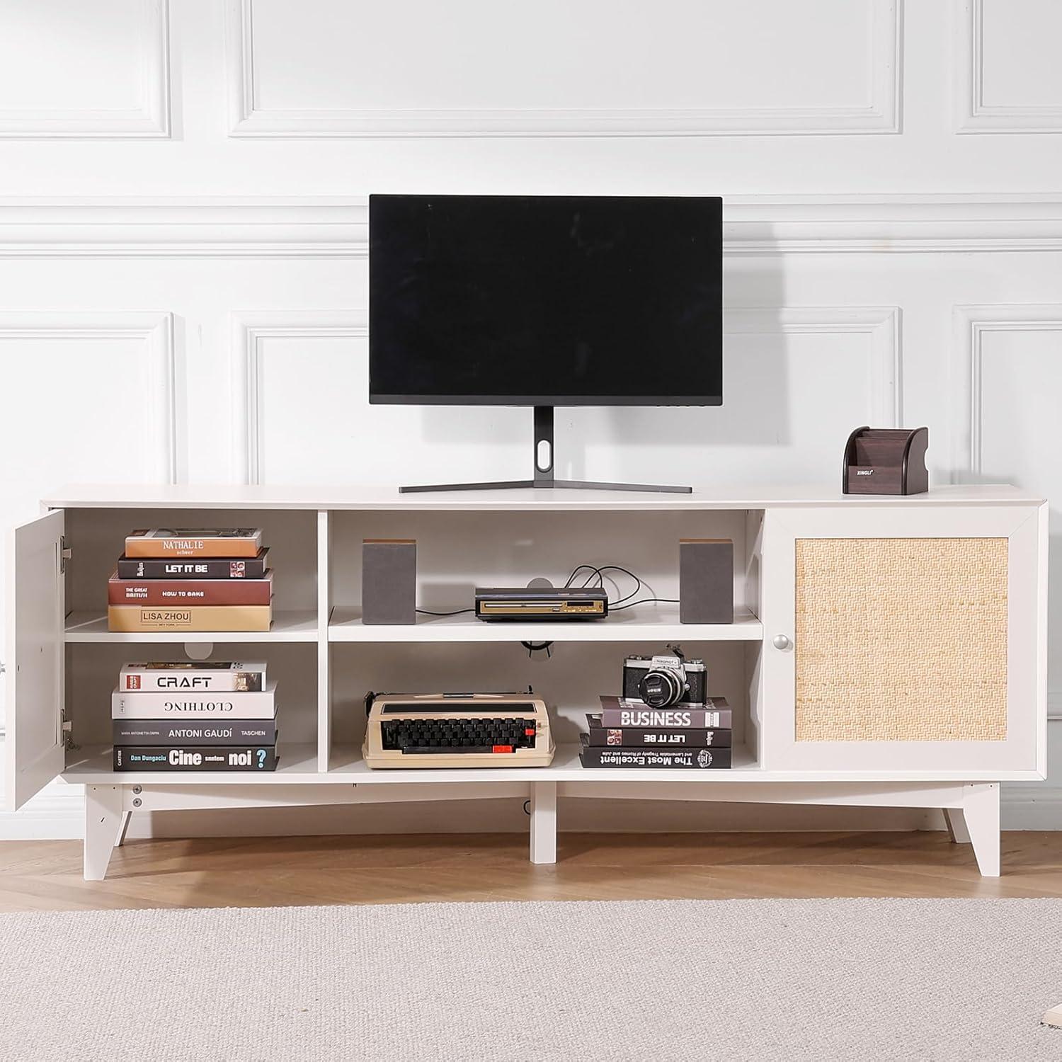 image:imageVEVOR Rattan TV Stand Mid Century Modern TV Stand for 75 inch TV Boho Rattan TV Cabinet with Buildin Socket and USB Ports Adjustable Shelfs for Living Room Media Room OakWhite