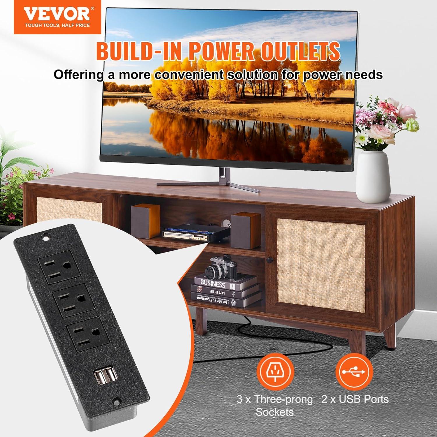 image:imageVEVOR Rattan TV Stand Mid Century Modern TV Stand for 75 inch TV Boho Rattan TV Cabinet with Buildin Socket and USB Ports Adjustable Shelfs for Living Room Media Room OakWalnut