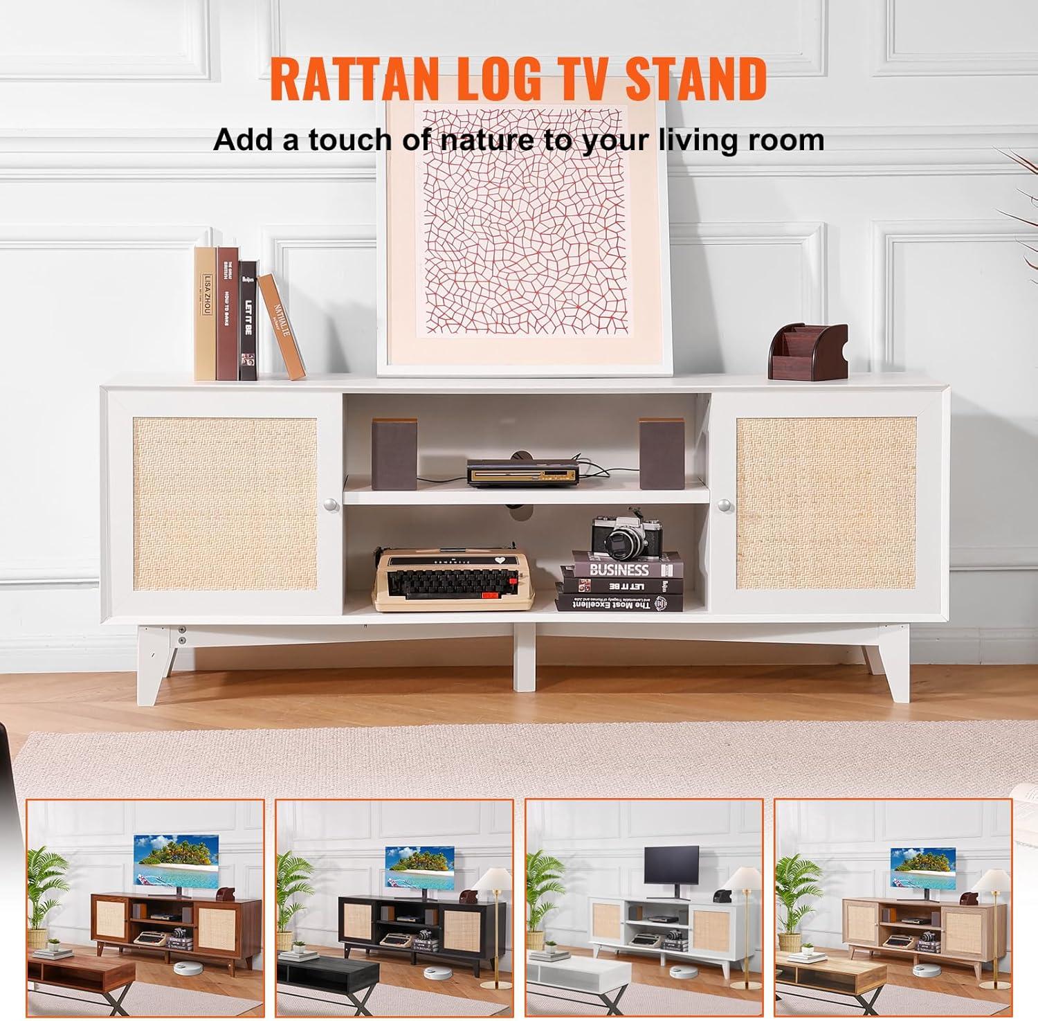 image:imageVEVOR Rattan TV Stand Mid Century Modern TV Stand for 75 inch TV Boho Rattan TV Cabinet with Buildin Socket and USB Ports Adjustable Shelfs for Living Room Media Room OakWhite