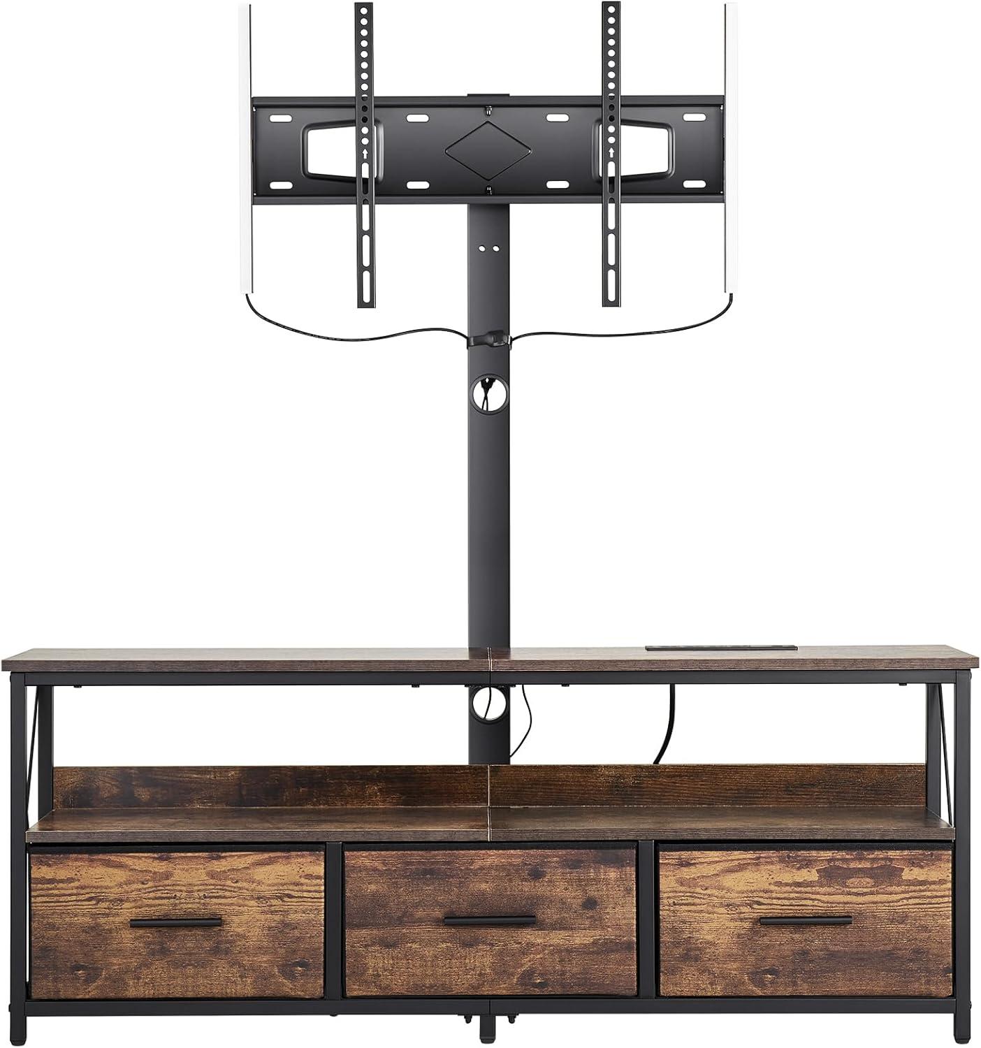 image:imageVEVOR Rattan TV Stand Mid Century Modern TV Stand for 75 inch TV Boho Rattan TV Cabinet with Buildin Socket and USB Ports Adjustable Shelfs for Living Room Media Room OakBrown