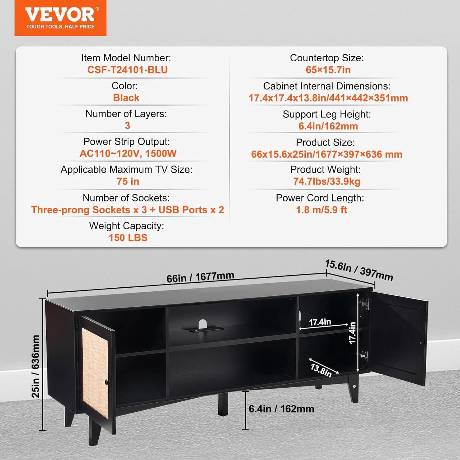 image:imageVEVOR Rattan TV Stand Mid Century Modern TV Stand for 75 inch TV Boho Rattan TV Cabinet with Buildin Socket and USB Ports Adjustable Shelfs for Living Room Media Room OakBlack