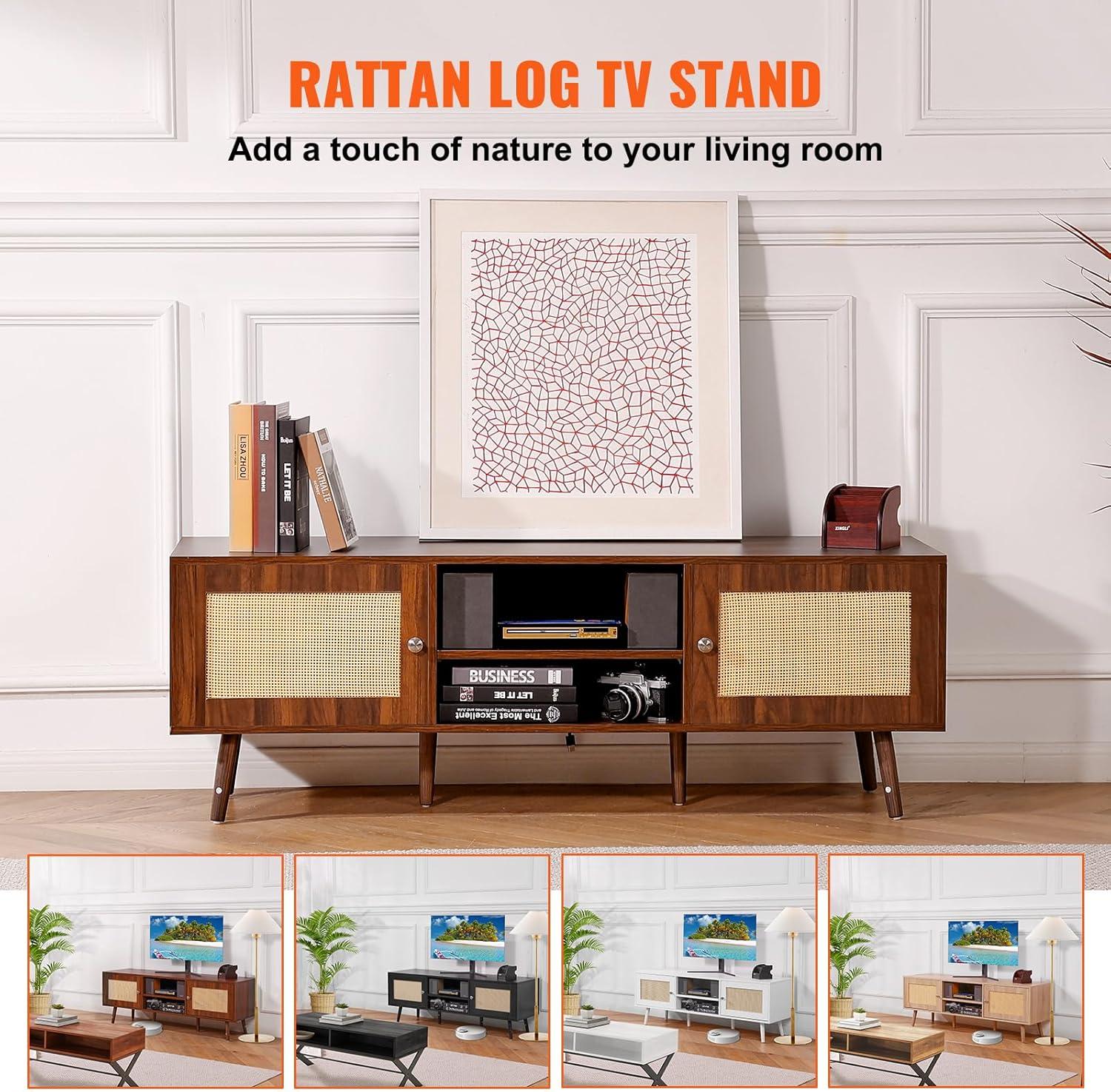 image:imageVEVOR Rattan TV Stand Mid Century Modern TV Stand for 75 inch TV Boho Rattan TV Cabinet with Buildin Socket and USB Ports Adjustable Shelfs for Living Room Media Room OakWalnut