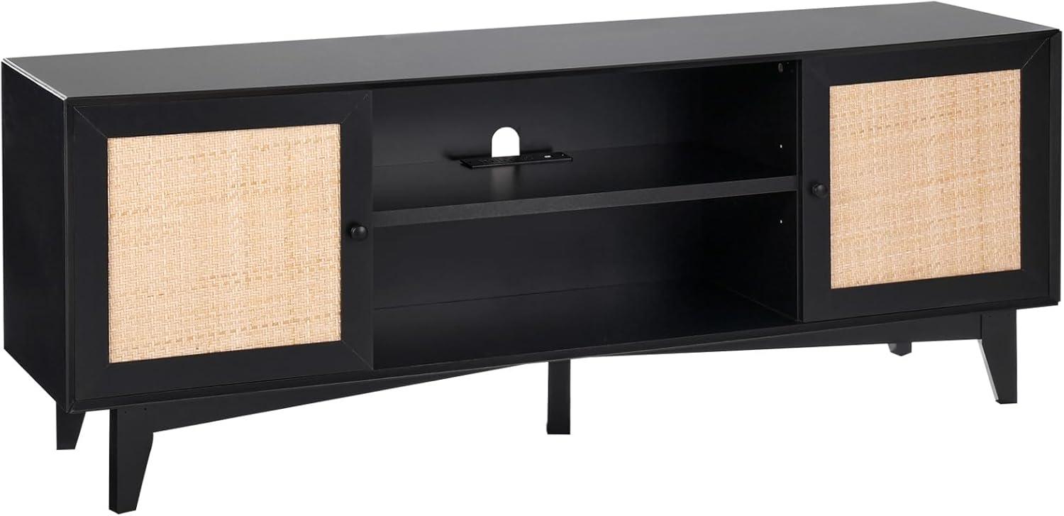 image:imageVEVOR Rattan TV Stand Mid Century Modern TV Stand for 75 inch TV Boho Rattan TV Cabinet with Buildin Socket and USB Ports Adjustable Shelfs for Living Room Media Room OakBlack