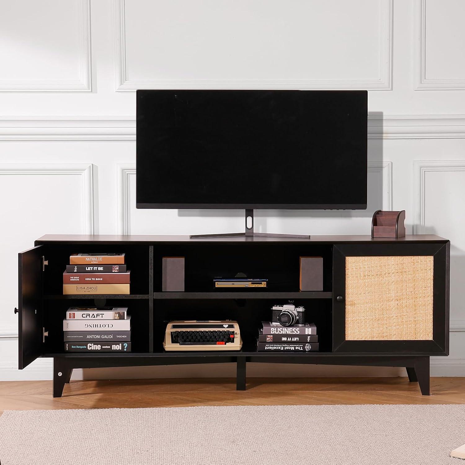 image:imageVEVOR Rattan TV Stand Mid Century Modern TV Stand for 75 inch TV Boho Rattan TV Cabinet with Buildin Socket and USB Ports Adjustable Shelfs for Living Room Media Room OakBlack