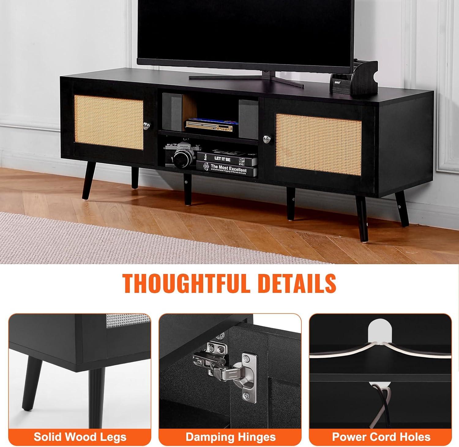image:imageVEVOR Rattan TV Stand Mid Century Modern TV Stand for 75 inch TV Boho Rattan TV Cabinet with Buildin Socket and USB Ports Adjustable Shelfs for Living Room Media Room OakBlack