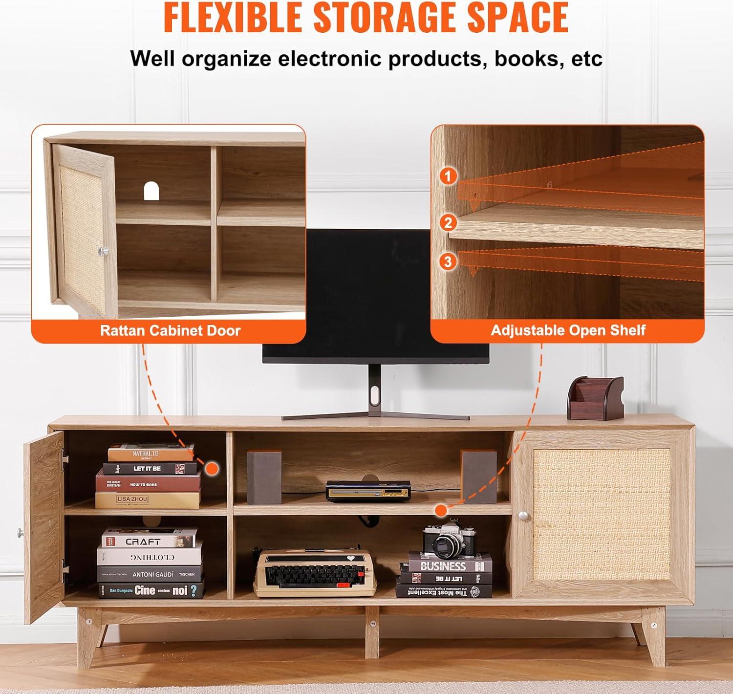 image:imageVEVOR Rattan TV Stand Mid Century Modern TV Stand for 75 inch TV Boho Rattan TV Cabinet with Buildin Socket and USB Ports Adjustable Shelfs for Living Room Media Room OakOak