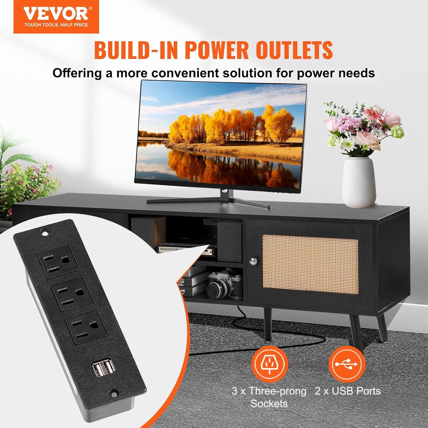 image:imageVEVOR Rattan TV Stand Mid Century Modern TV Stand for 75 inch TV Boho Rattan TV Cabinet with Buildin Socket and USB Ports Adjustable Shelfs for Living Room Media Room OakBlack