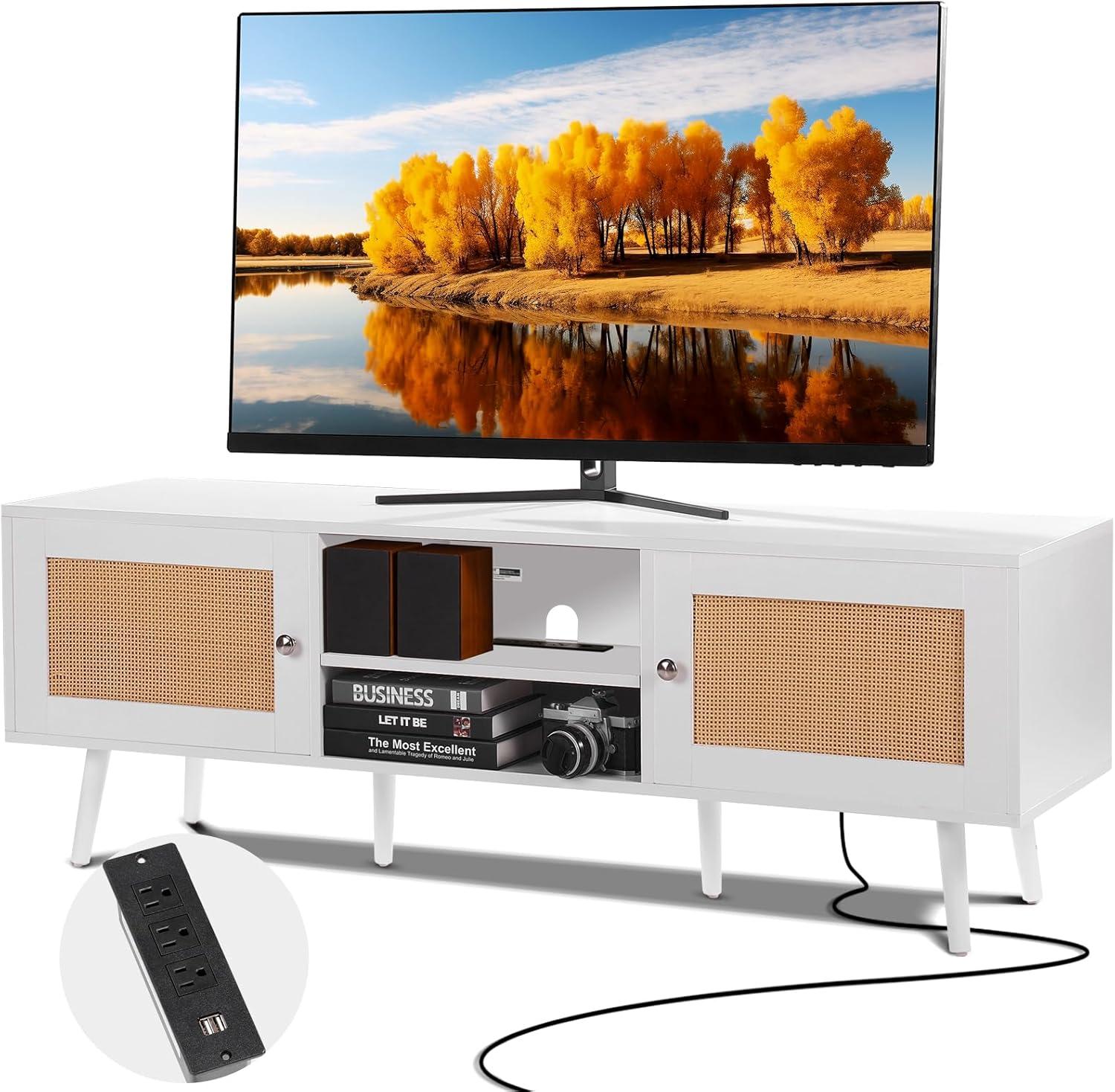 image:imageVEVOR Rattan TV Stand Mid Century Modern TV Stand for 75 inch TV Boho Rattan TV Cabinet with Buildin Socket and USB Ports Adjustable Shelfs for Living Room Media Room OakWhite