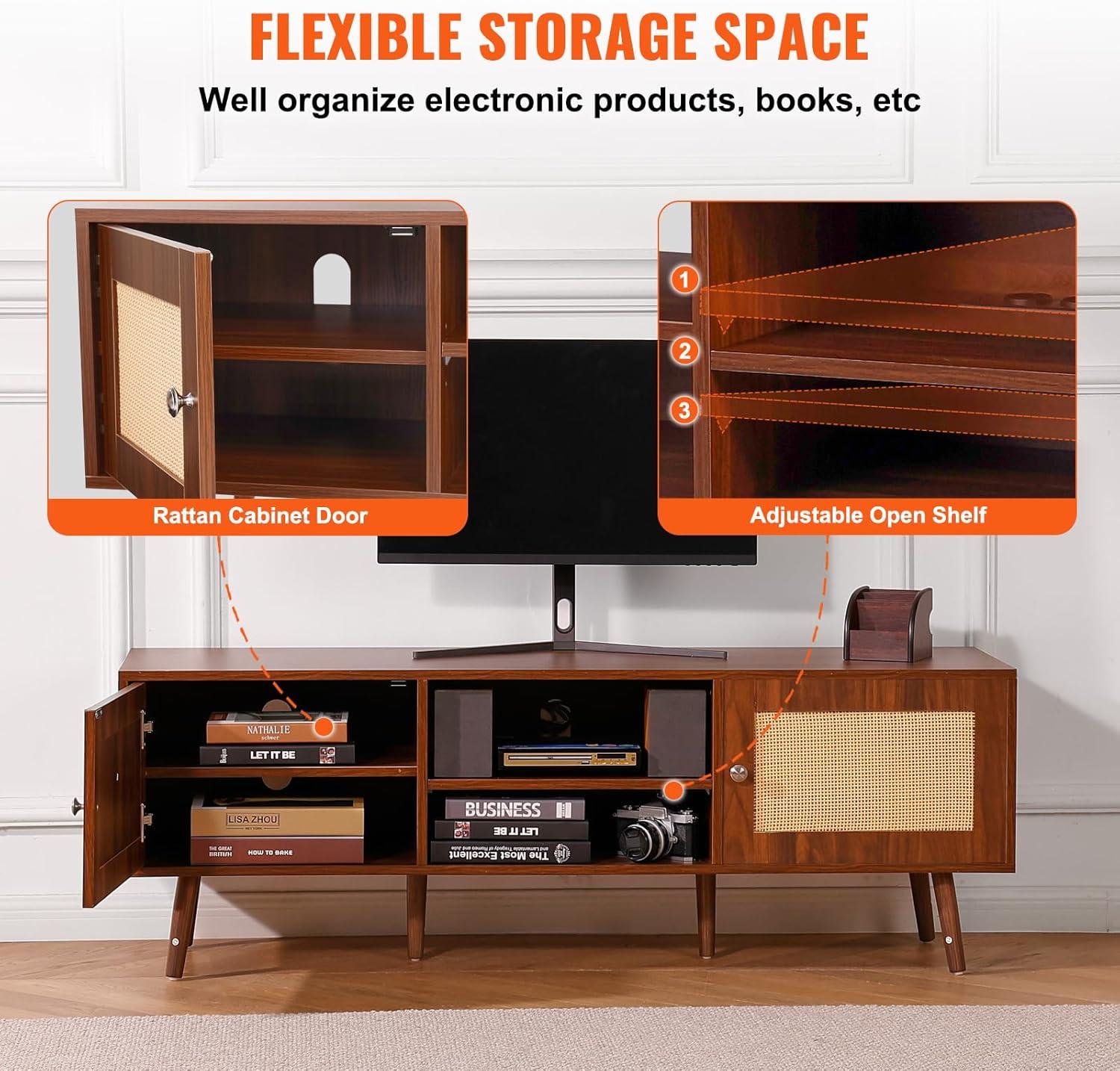 image:imageVEVOR Rattan TV Stand Mid Century Modern TV Stand for 75 inch TV Boho Rattan TV Cabinet with Buildin Socket and USB Ports Adjustable Shelfs for Living Room Media Room OakWalnut
